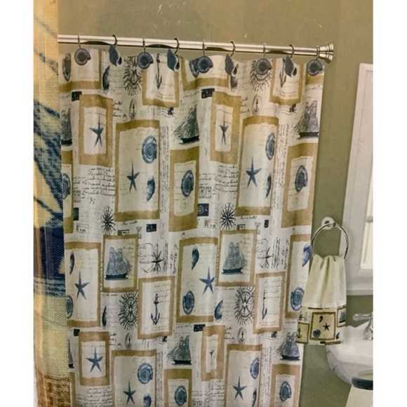 Nautical Fabric Shower Curtain Beach White Beige Blue 70 x 72 in NEWv - Picture 1 of 14